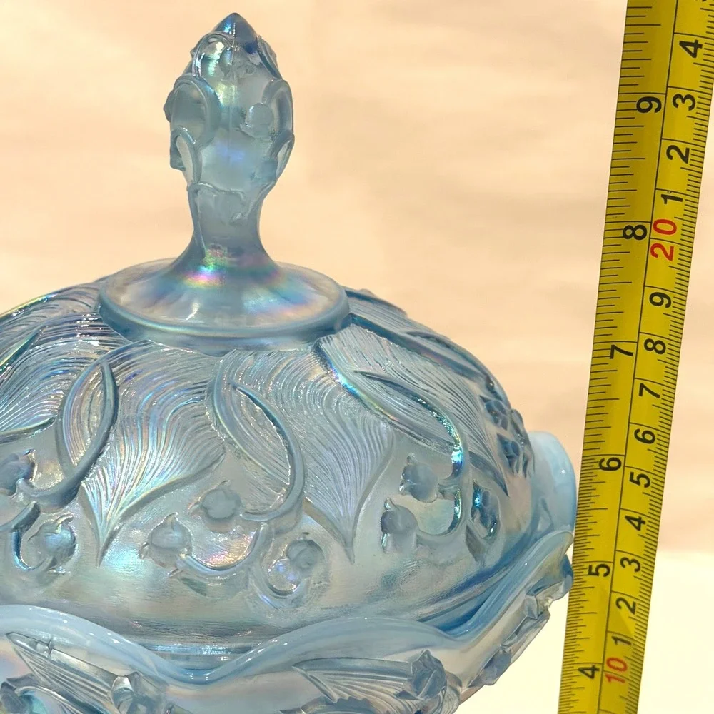Fenton Lily of the Valley Blue Opalescent Moon Glass Lidded Candy Dish Vintage